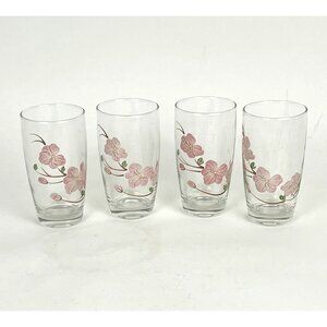 Set Of 4 Vintage Floral Glass Tumblers - Pink Cherry Blossom Design